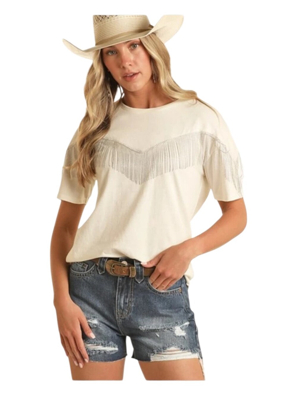 Rock & Roll Cowgirl Women's Natural Chain Fringed Short Sleeve Tee